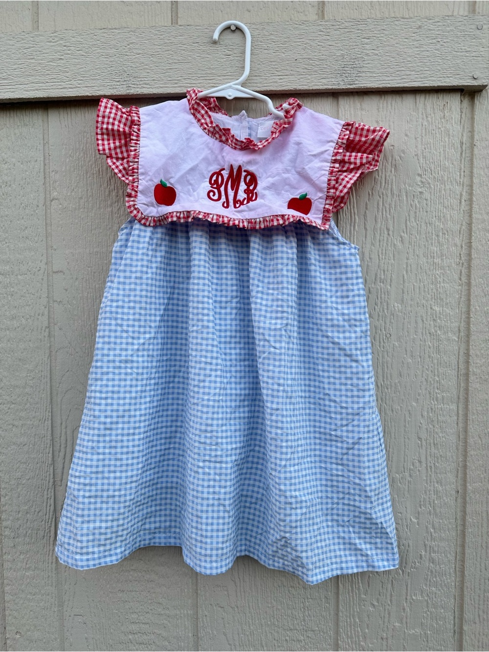 Girls classic Blue Gingham Dress with Red Trim and Apple Embroidered